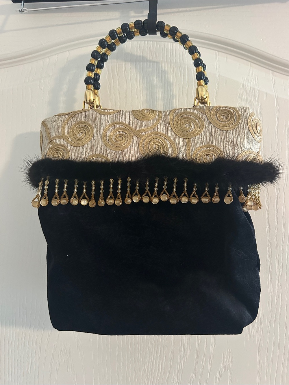 Elegant Black and Gold Evening Handbag with Beaded Handle